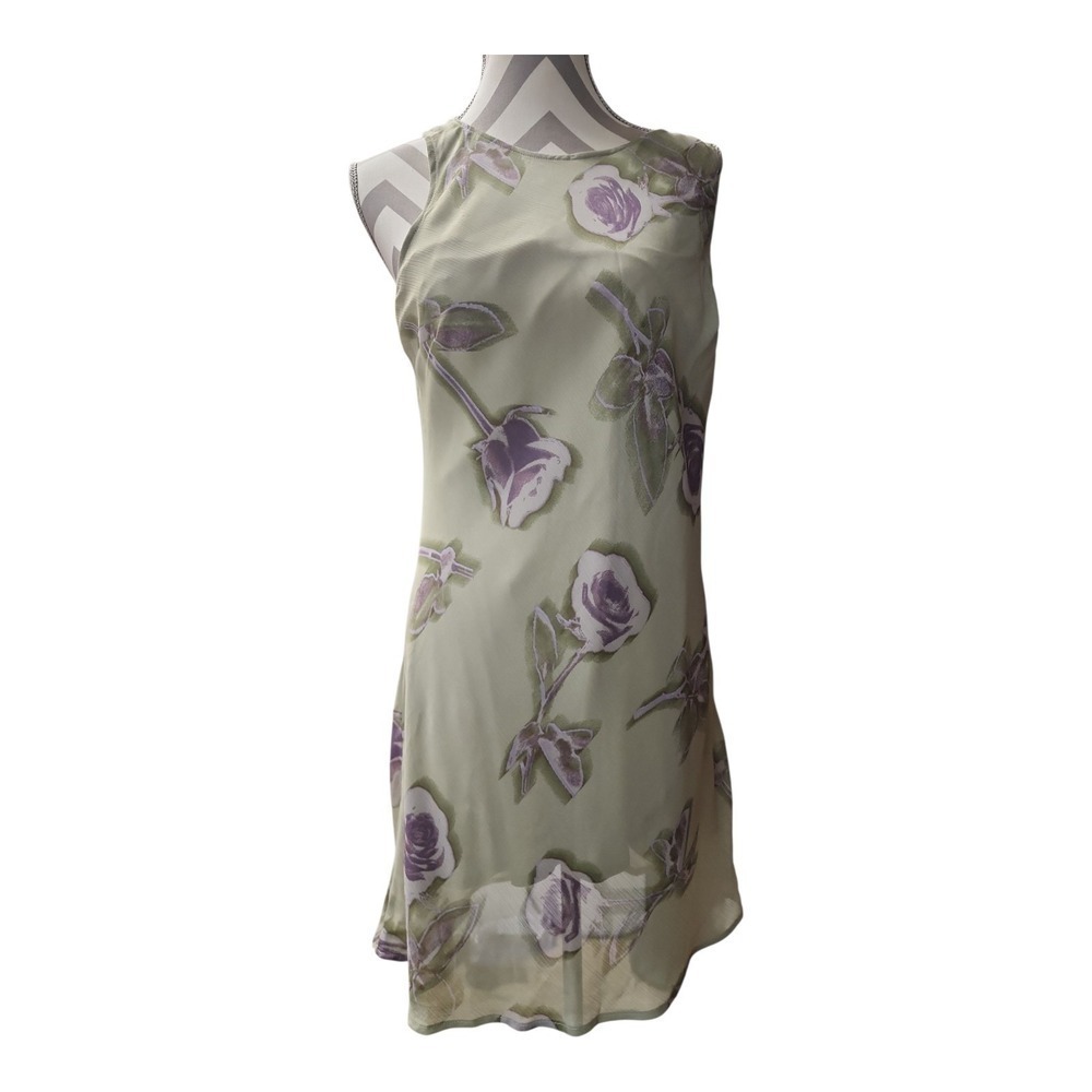 NWT Sage Green Rose Print Sleeveless Shift Dress Tie Neck Cottagecore M - Picture 2 of 13